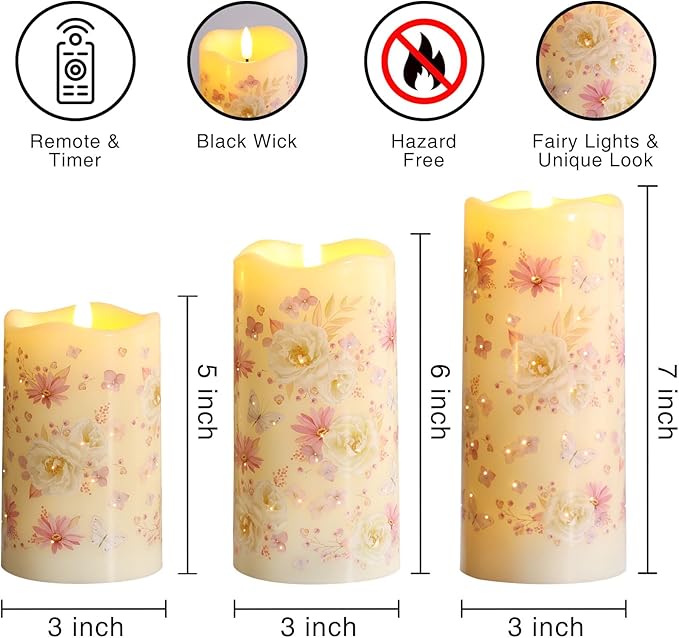 Eywamage Fiber Optic Flameless Pillar Candles with Remote, Floral Butterfly Spring LED Candles Flickering Easter Home Decor Set of 3