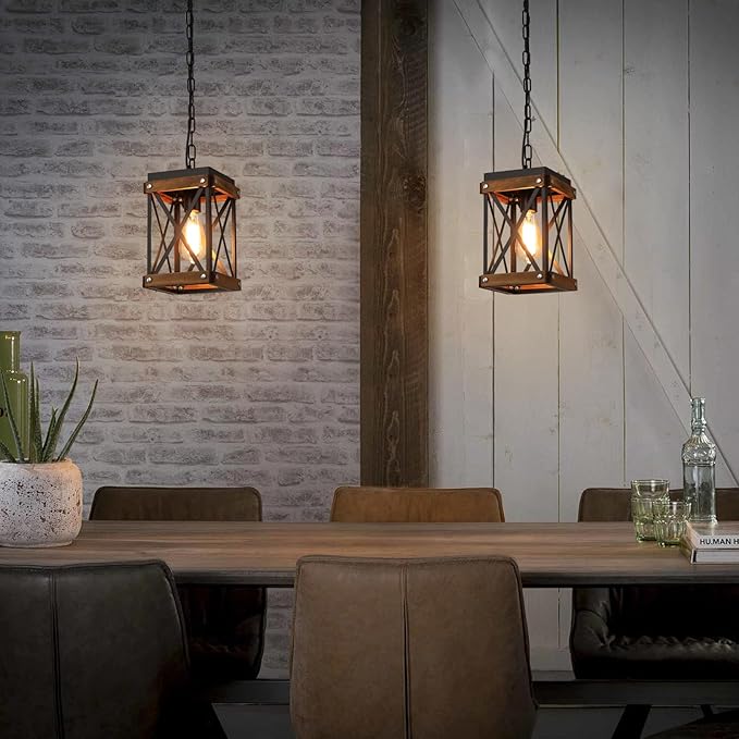 Rustic Farmhouse Plug in Pendant Light Fixture with Adjustable Chain, Oak Wood and Metal Lantern Cage Mini Hanging Lamp for Kitchen Island Living Room Hallway Farmhouse Bar, Black