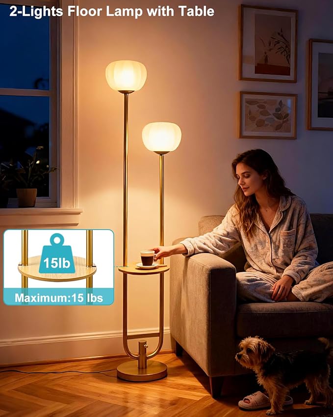 Lightdot 63IN Gold Floor Lamp Dimmable Standing Lamps with Tray, Pumpkin Shades& Bulbs Included, Unique U-Pole Mid Century Modern Tall Lamp for Living Room/Wedding/Party/Sofa Beside/Corner Decor