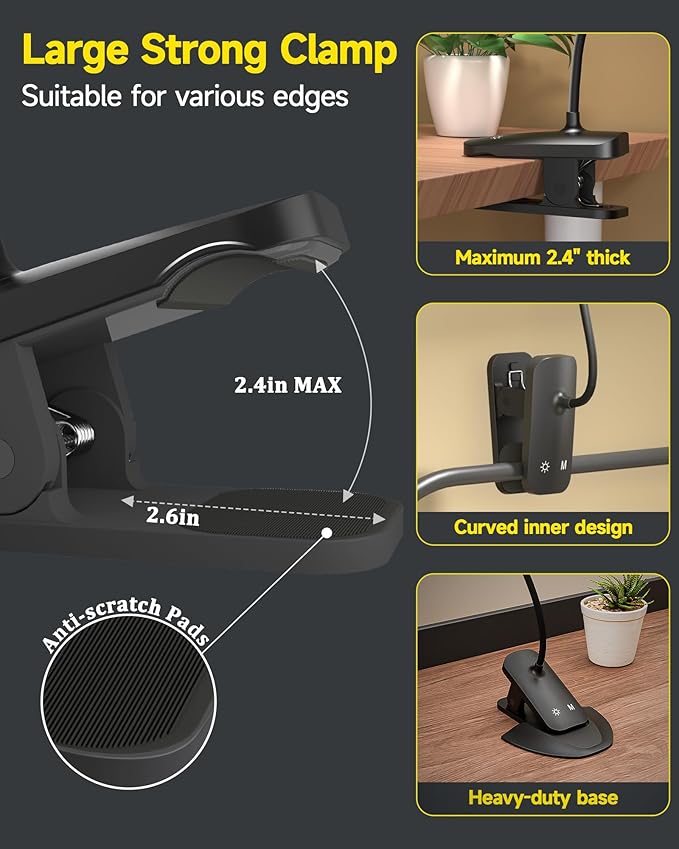 CUHIOY Desk Lamp Clip on Reading Light, USB-C Battery-Operated Rechargeable Table Lamps with Clamp for Dorm Home Office, 38LEDs Bed Headboard Light, 5 Colors 5 Brightness, Flexible Gooseneck (Black)
