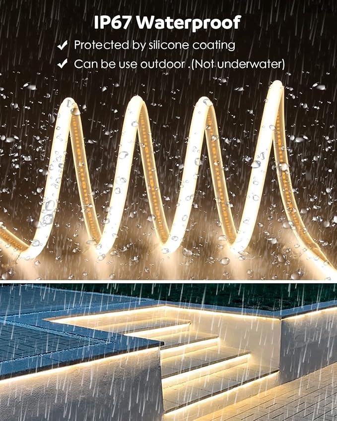 Aclorol 65.6FT AC 110V COB LED Strip Lights Outdoor Waterproof IP67 Dimmable LED Strip Light Warm White 3000K 5760 LEDs Flexible Rope Light with Remote Control for Outdoor Garden Commercial Building