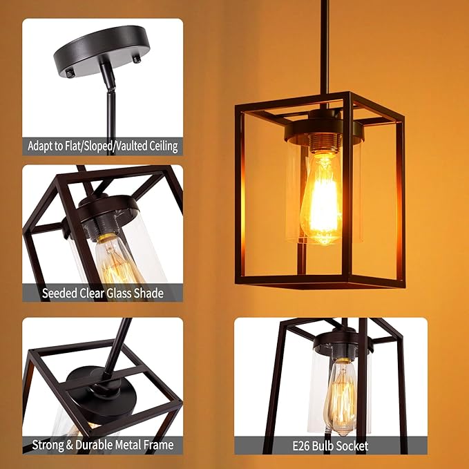 1-Light Oil Rubbed Bronze Pendant Light Fixture, Farmhouse Iron Cage Metal Pendant Light, Lantern Pendant Lighting with Clear Glass Shade for Kitchen Island Entryway Dining Room Hallway