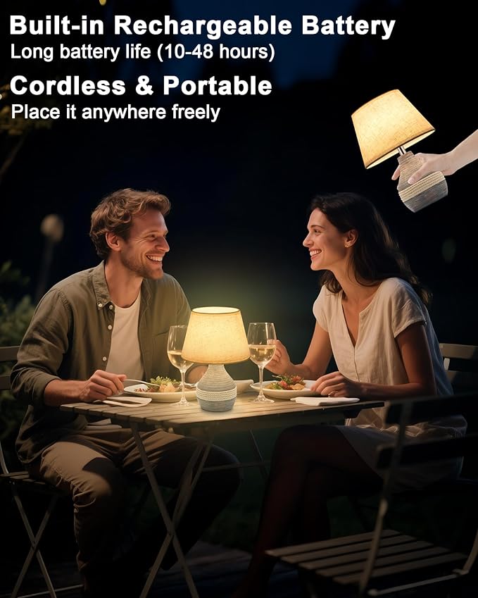 10" H Small Rechargeable Cordless Ceramic Table Lamp with Remote, RGB & Warm White Light, Timer & Dimmer, Battery Table Lamp with Linen Shade for Patio, Bedroom, Living Room, Dining Table