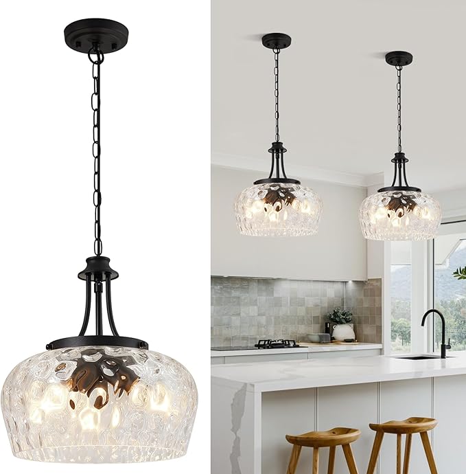 Modern Pendant Lights Kitchen Island, 3-Light Black Pendant Light Fixtures with 14.2" Clear Hammered Glass Shade, Industrial Hanging Pendant Lights Fixture for Kitchen Island, Dining Room, Entryway