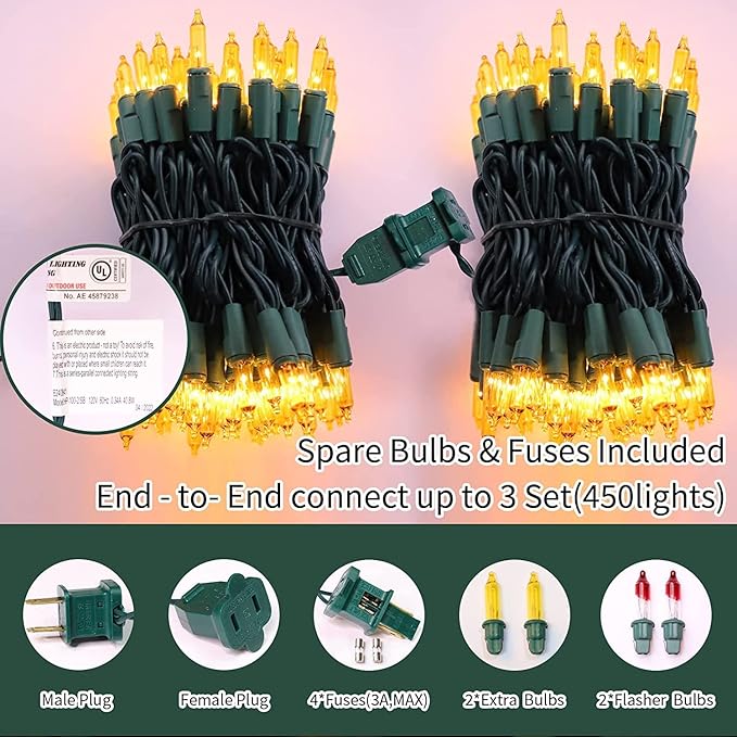LAMPHOME Yellow Christmas Lights Decoration 300 Lights 63.8ft(2pk of 150L) UL Certified Mini Bulb Golden String Lights Set for Outdoor Christmas Tree Garden Holiday Party Patio Decor