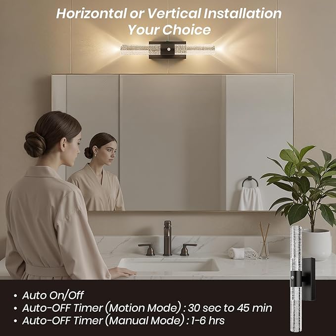 Motion Sensor Wall Sconces Battery Operated Set of 2, Rechargeable Wall Sconce, 3CCT Battery Wall Sconce, 12000mAh Dimmable with Remote for Bedroom, Living room, Hallway (15.3 inch - Black - 2 Pack)