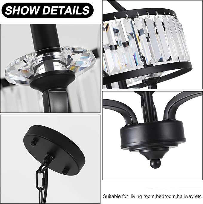 15.75 " Modern Black Crystal Chandelier,3-Light Farmhouse Dining Room Light Fixture Over Table Adjustable Height Hanging Industrial Pendant Lights Kitchen Island,Living Room Kitchen Island Entryway
