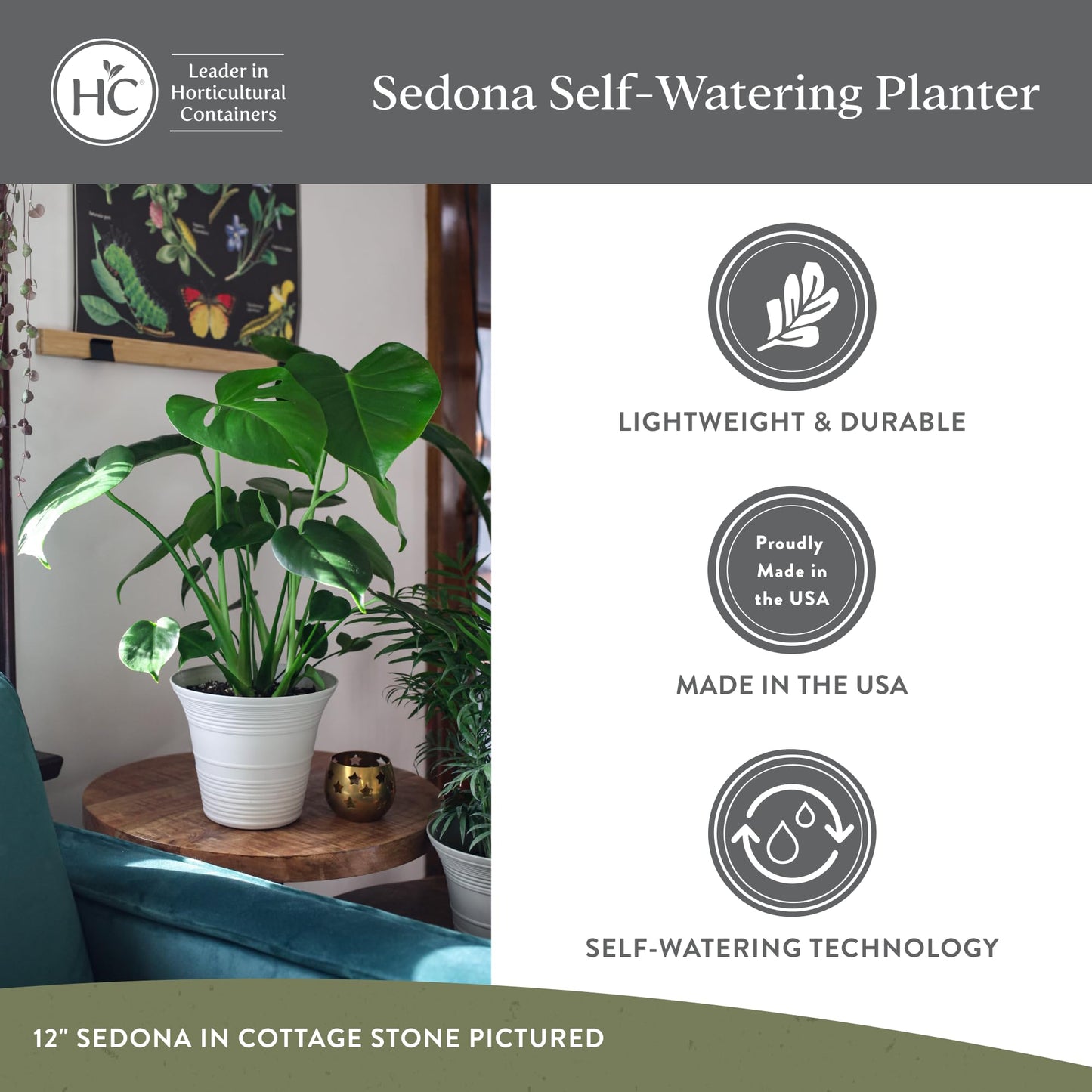 The HC Companies Sedona Round Self-Watering Pot - Lightweight Self Care Planter - Plastic Planter for Herbs & More - Durable Plant Pots for Indoor Plants & Outdoor Plants (12" Slate Blue, Pack of 1)