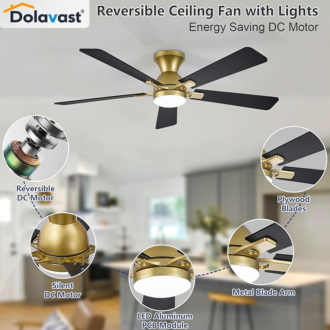 Ceiling Fans with Lights and Remote, 52 Inch Ceiling Fan with Light, Low Profile Reversible Gold Fandelier Ceiling Fan, Dimmable LED, Flush Mount, Quiet DC Motor, for Bedroom Kitchen