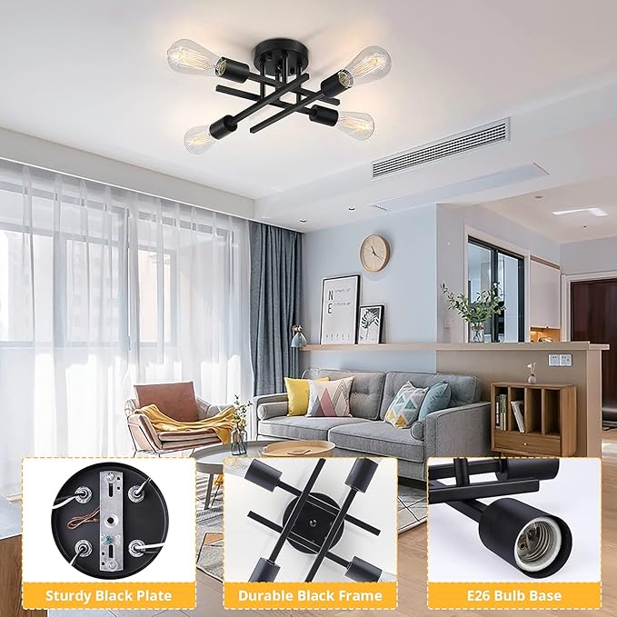 SunRider Industrial 4-Light Semi Flush Mount Ceiling Light Fixture, Modern Farmhouse Lights Matte Black, Rustic Sputnik Chandelier for Bedroom Foyer