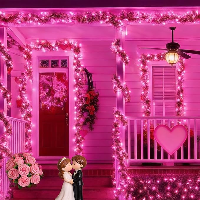 LAMPHOME Pink Lights for Valentines Day Decor, 300light 63.8FT(2pk of 150L) Pink Christmas String Fairy Lights Green Wire Plug in for Bedroom Indoor Outdoor Girl's Room Valentines Decorations