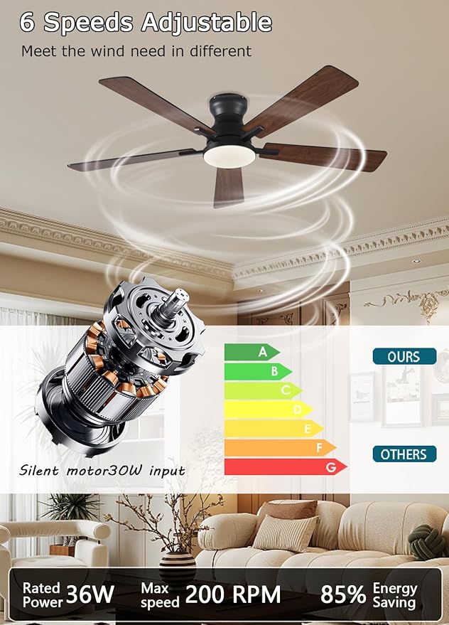 Ceiling Fans with Lights, 52Inch Low Profile Ceiling Fan with Light and Remote/App Control, Modern Flush Mount Brown Ceiling Fan, 3CCT Dimmable, Reversible DC Motor, for Living Room,Bedroom