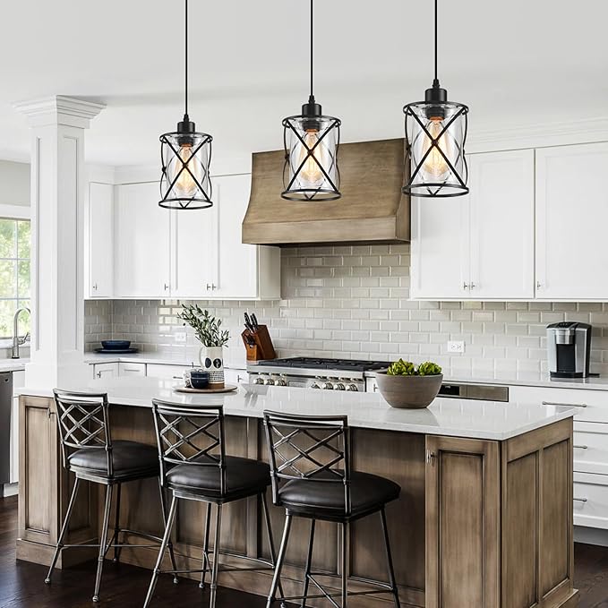 3 Lights Industrial Pendant Light with Glass Shade Matte Black Pendant Lighting Adjustable Industrial Retro Style Hanging Light,Kitchen Island Farmhouse Pendant Lights Fixtures for Kitchen,Farmhouse