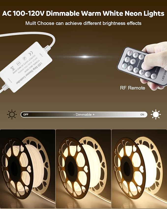 Aclorol 65.6FT AC 110V COB LED Strip Lights Outdoor Waterproof IP67 Dimmable LED Strip Light Warm White 3000K 5760 LEDs Flexible Rope Light with Remote Control for Outdoor Garden Commercial Building