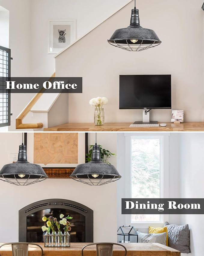 Large Farmhouse Pendant Lights 2 Pack, 18.1 Inch Oversized Industrial Pendant Light, Black and Silver Barn Pendant Light with Wire Cage, Island Pendant Lights for Kitchen Barn Warehouse