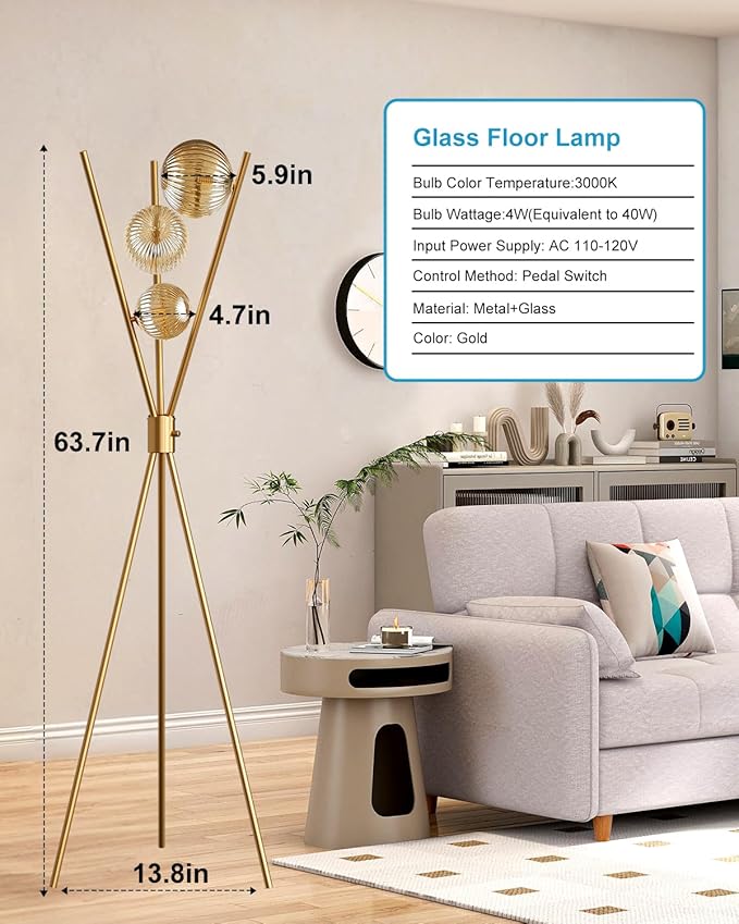 Lightdot Dimmable Tripod Floor Lamp Gold Art Deco Floor Lamp with Brown Globe Glass Lampshade 3Pcs Bulbs Included Tripod Standing Lamp for Living Room/Bedroom/Sofa Beside/Corner Decor