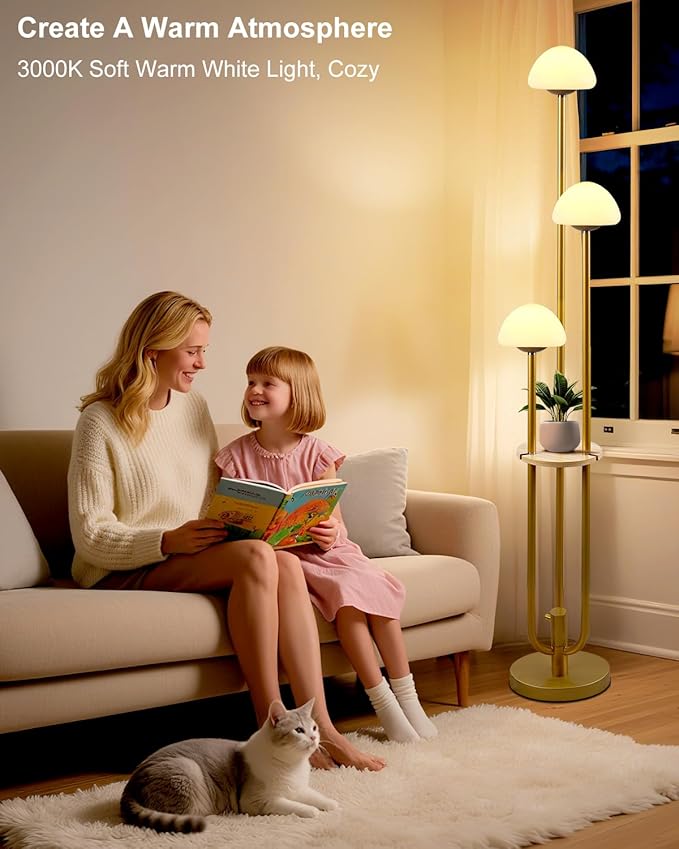 Lightdot Gold Dimmable Floor Lamp with Table, Modern Floor Lamps for Living Room, 3000K Tall Standing Lamp with Mushroom Shades& Bulbs Included for Bedroom/Office//Sofa Beside/Corner Decor