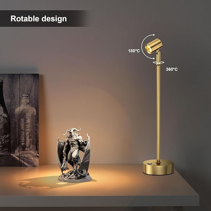 IMAGE Golden Cordless Spotlight High-Power Adjustable Table Accent Light for Plants, Artwork, Jewelry Displays, Shelves, and Cabinet, Warm White Wireless, USB Type-C, for Home, Restaurant, and Bar