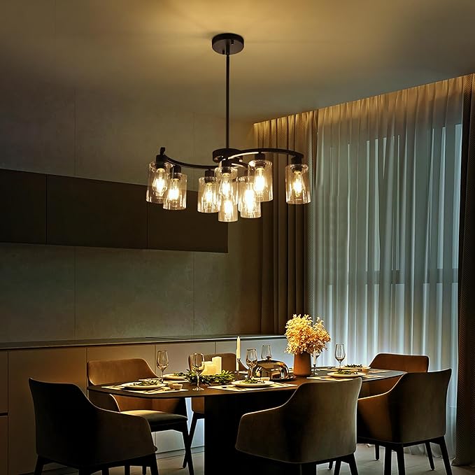 9-Light Modern Farmhouse Chandelier，29.5" Black Dining Room Light Fixture，Industrial Pendant Lights Kitchen Island,Metal Bracket with Downward Clear Glass Shade