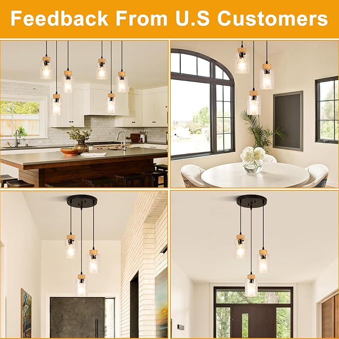 Modern Pendant Lights Kitchen Island, 3-Light Black Pendant Light Fixtures with Clear Hammered Glass Shade, Industrial Farmhouse Hanging Pendant Lights Fixture for Kitchen Island Dining Room Entryway