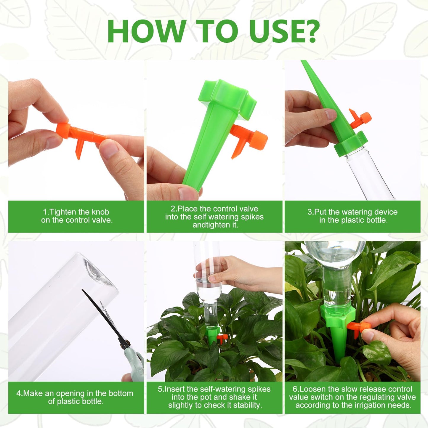 Ferrochef 6 Set Plant Watering Devices with Self Watering Spikes Automatic Planter Insert Spikes with Bottle Waterer Devices with Adjustable Control Valve for Vacation Garden Indoor(25 oz Bottle)