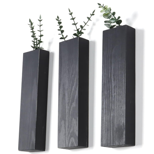 Wood Wall Planter Indoor, Farmhouse Wall Hanging Decor Pocket Planter Vase for Indoor Fake Plants Greenery,Dried Flowers, Wall Plant Holder (3, Black)