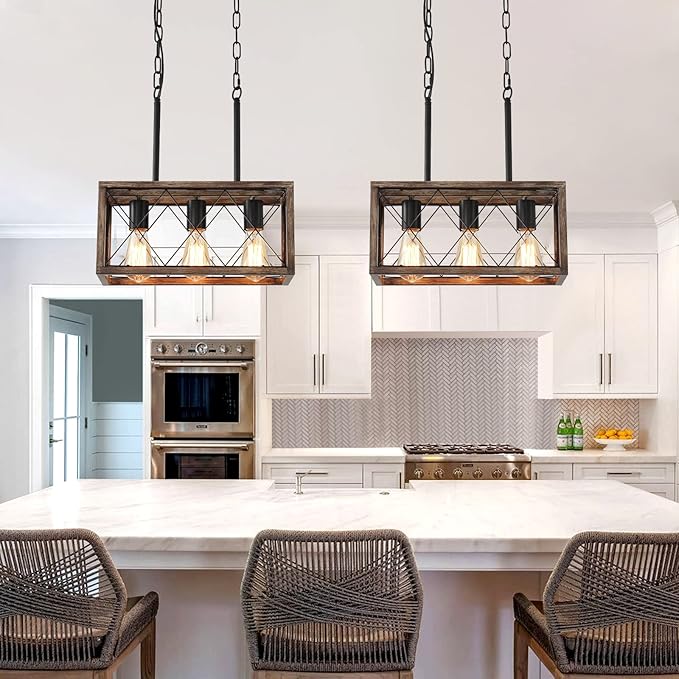 KEESFU Farmhouse Kitchen Island Lighting, 3 Lights Pendant Lighting Fixtures, Adjustable Height, Industrial Dining Room Light for Living Room Foyer Dining Table Over Sink. (Wood Grain Color)