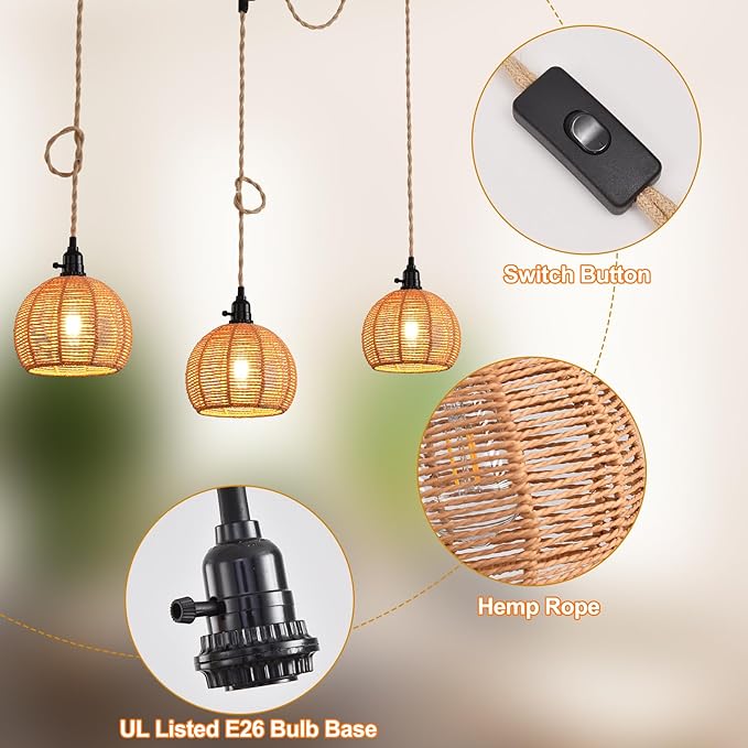 3-Light Hanging Light with Plug in Cord,Plug in Pendant Light 22ft Hemp Rope Pendant Lighting Vintage 3-Light Hanging Lamp Fixtures for Kitchen Island Living Room Bedroom