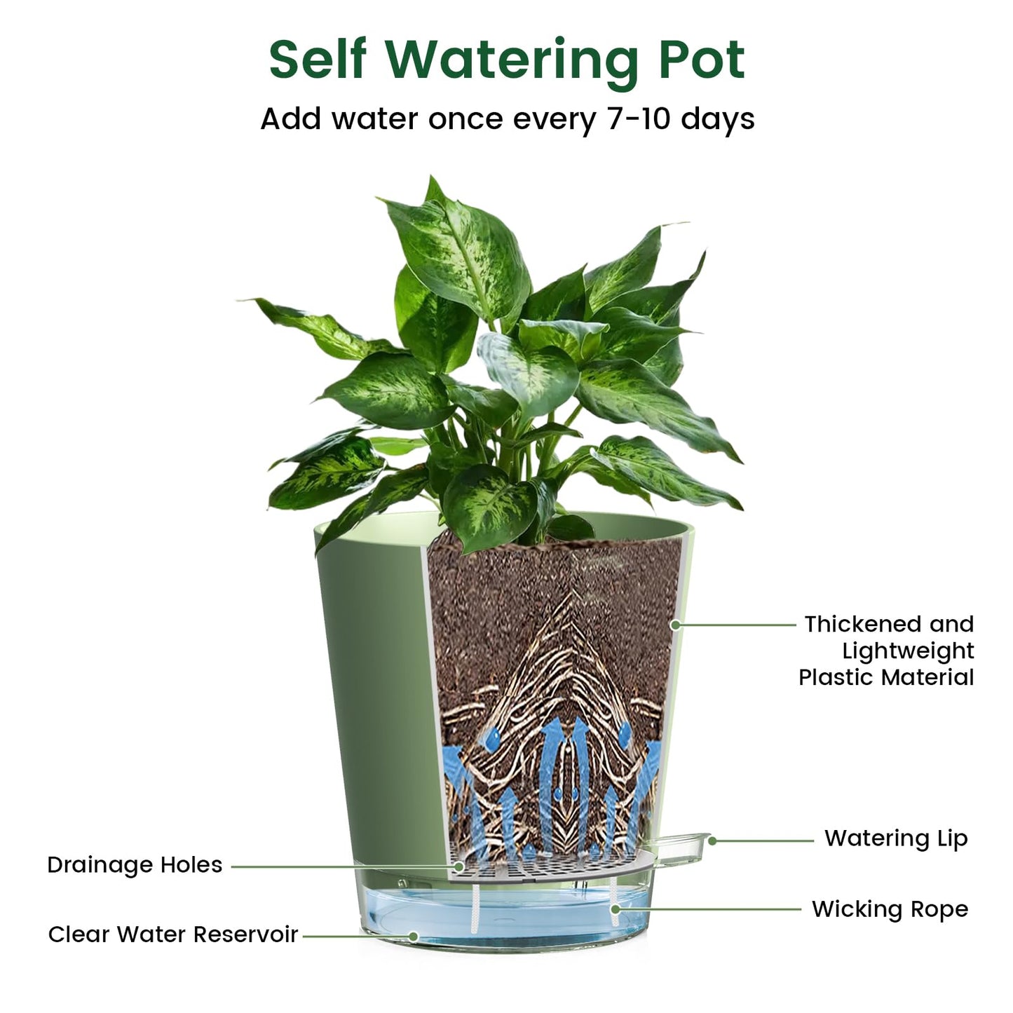 Meowell 7 inch Self Watering Pots for Indoor Plants, 5 Pack Plant Pots with Drainage Holes & Clear Reservoir for Visible Water Level, Plastic Wicking Planter Pots for House Plants and Flower, Green