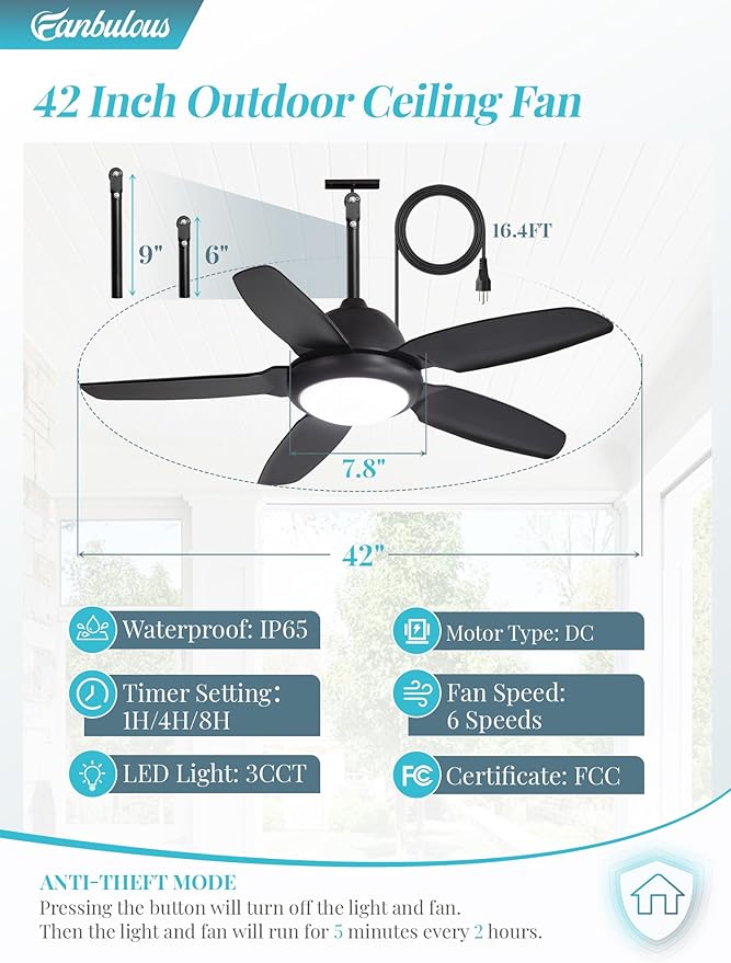 Fanbulous 42 Inch Waterproof Outdoor Ceiling Fan with Lights and Remote,IP65 Hanging Gazebo Fan with 3CCT 6-Speed DC Motor,Black Wet Rated Plug in Ceiling Fan with Cord for Patios Porch Pergola