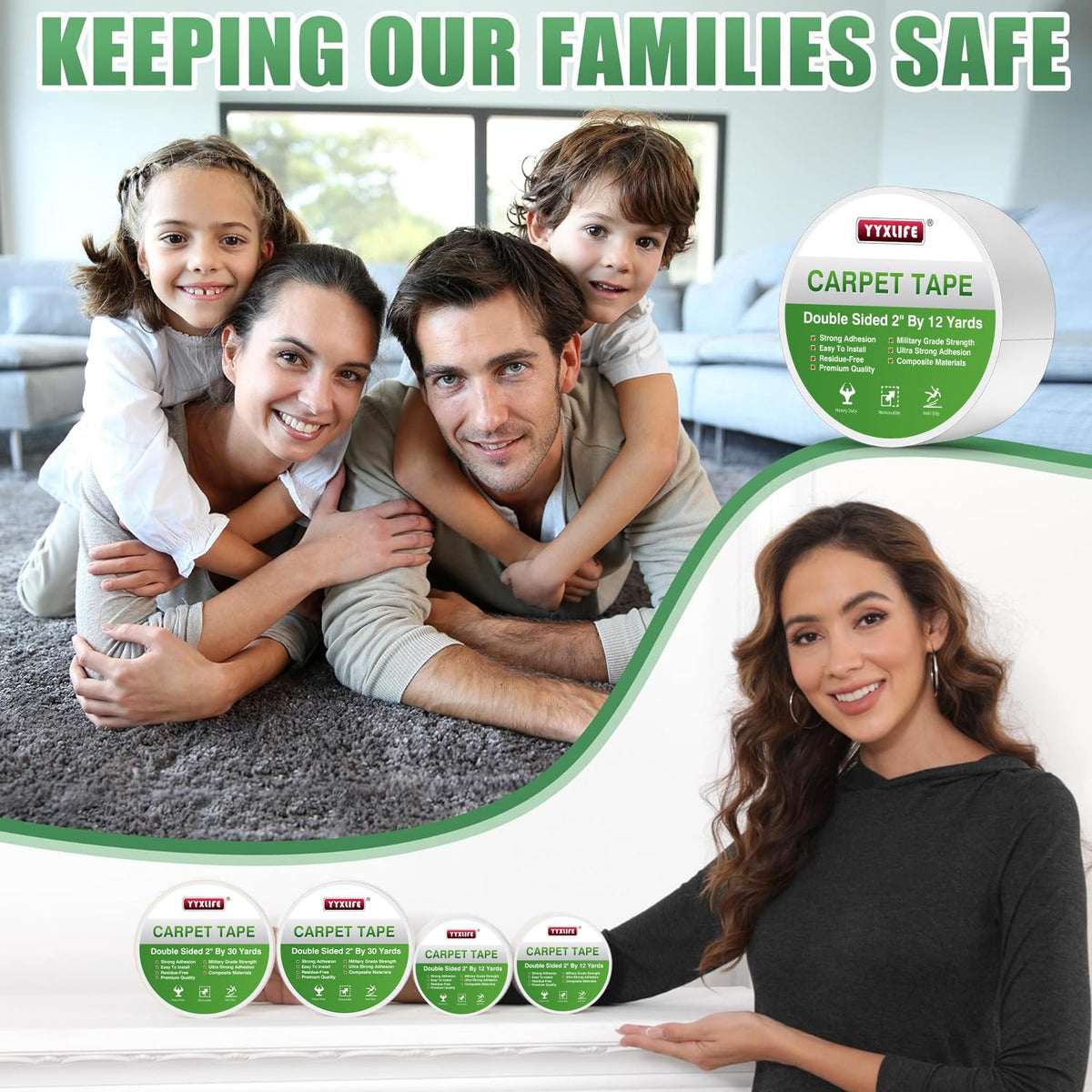 YYXLIFE Double-Sided Carpet Tape - Heavy-Duty Adhesive for Hardwood Floors & Area Rugs | 2 Inch x 12 Yards