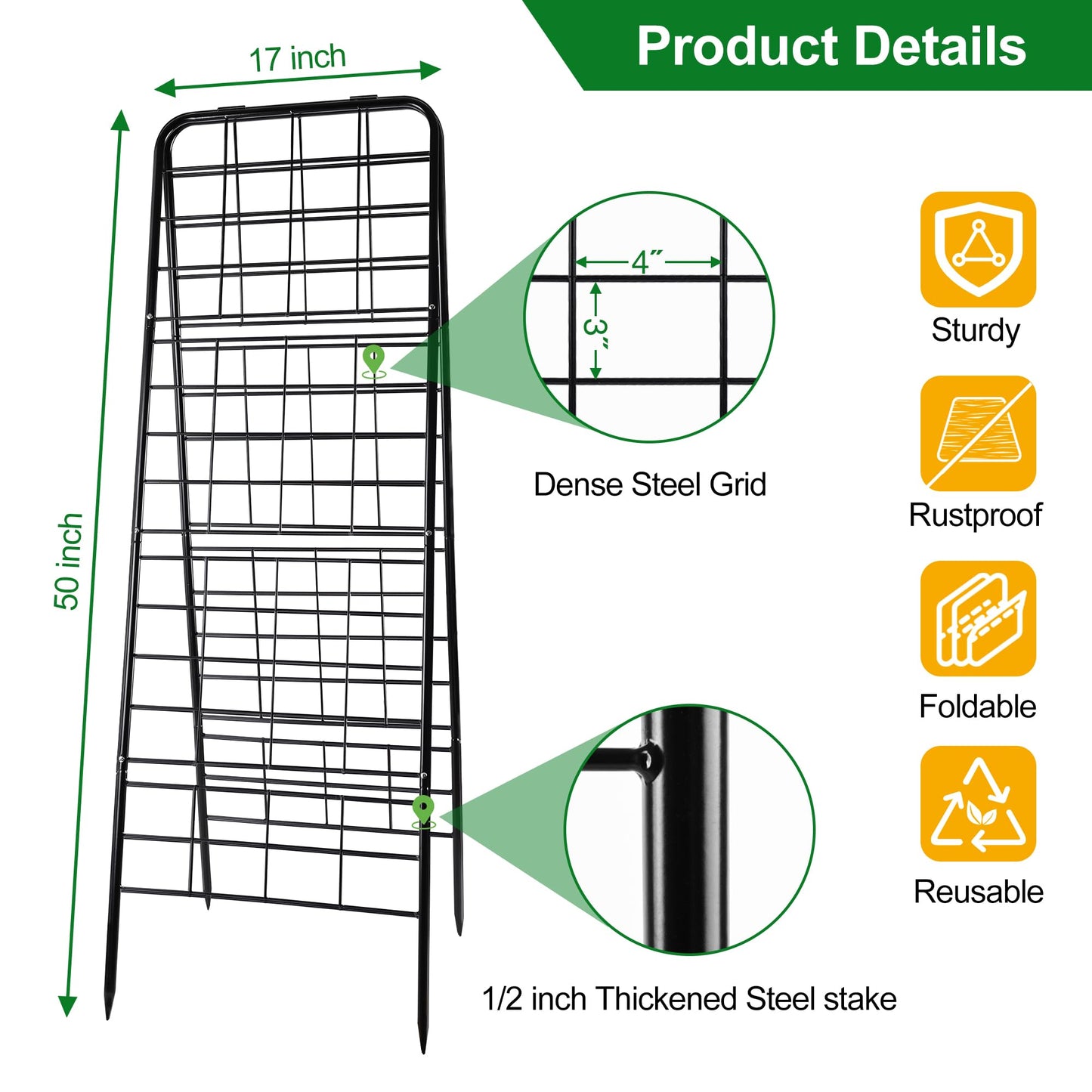 WAENLIR 50x17inch Cucumber Trellis Tomato cage with Dense Steel Grid–A-Frame Heavy Duty Metal Trellis for Raised Beds, Cattle Panels for Garden Trellis for Climbing Plants Outdoor (Black, 50x17inch)