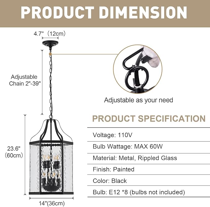 14" Modern 8-Light Exterior Black Lantern Pendant Light Fixture with Clear Rippled Glass Mini Industrial Hanging Cage Chandelier for Outdoor Kitchen Dining Room Hallway Entryway Foyer Porch