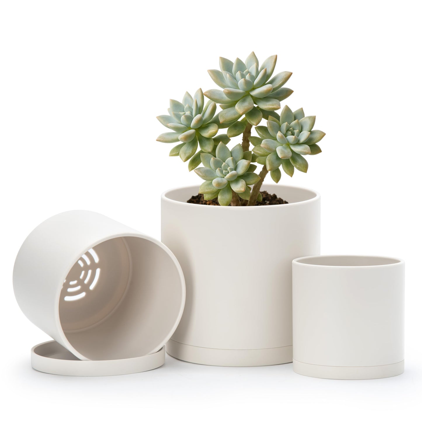 D'vine Dev 4 Inch 5 Inch 6 Inch, Set of 3 Plastic Planter Pots for Plants with Drainage Hole and Seamless Saucers, Oatmeal, Small, 74-V-H-1