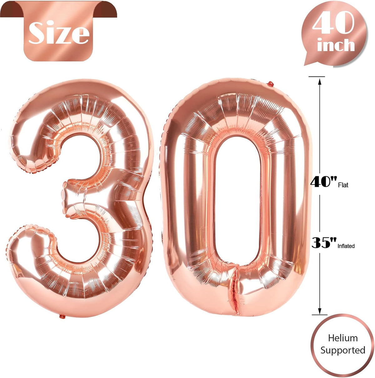 Rose Gold Number 30 Balloon - 40 Inch 30th Birthday Decoration for Men & Women