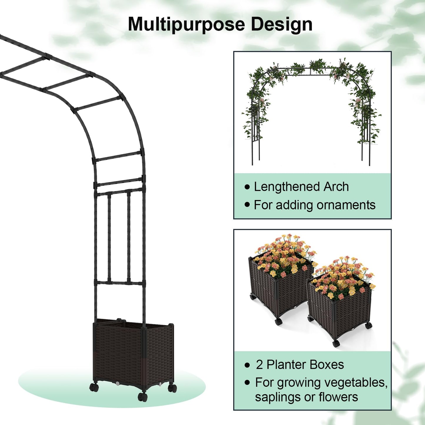 Giantex 6.6 FT Garden Arbor with Planter Boxes, Arch Trellis for Climbing Plants, Self-Watering System, Drainage Design, Lockable Wheels, Outdoor Metal Archway for Backyard, Patio, Wedding Decor