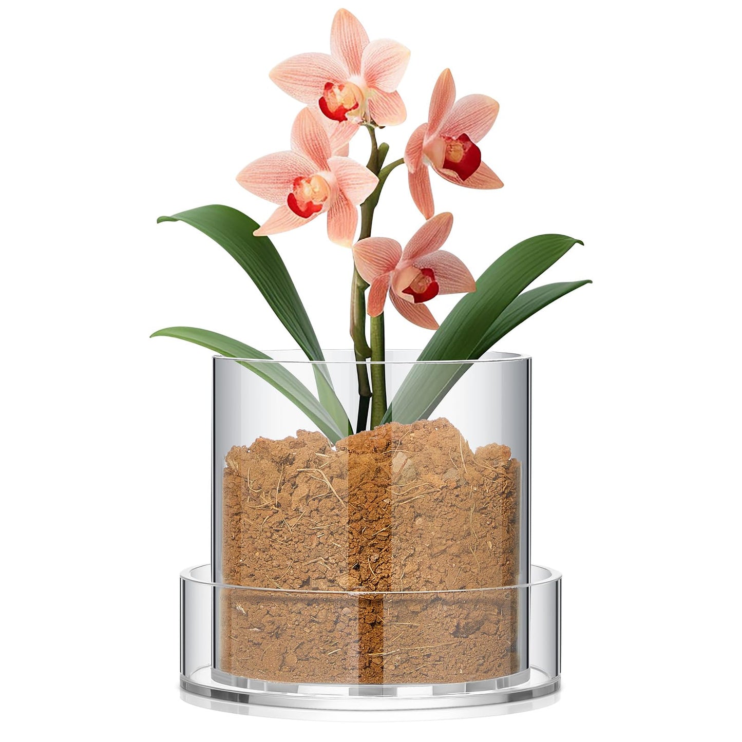Sunnychicc Clear Plant Nursery Pots Acrylic Orchid Pots with Drainage Holes and Tray Transparent Planter for Indoor Plants, Succulents, Herb, Flowers and Cactus Decorative(4 Inches,Circle)