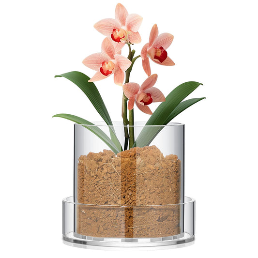 Sunnychicc Clear Plant Nursery Pots Acrylic Orchid Pots with Drainage Holes and Tray Transparent Planter for Indoor Plants, Succulents, Herb, Flowers and Cactus Decorative(4 Inches,Circle)