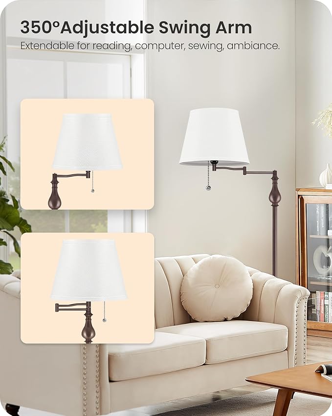 Vintage Floor Lamp with 350°Adjustable Swing Arm, 61” Mid-Century Modern Floor Lamp, Standing Pole Lamp with Pull Chain Switch, Antique Reading Lamp for Living Room, Bedroom, White and Brown VW13LD05