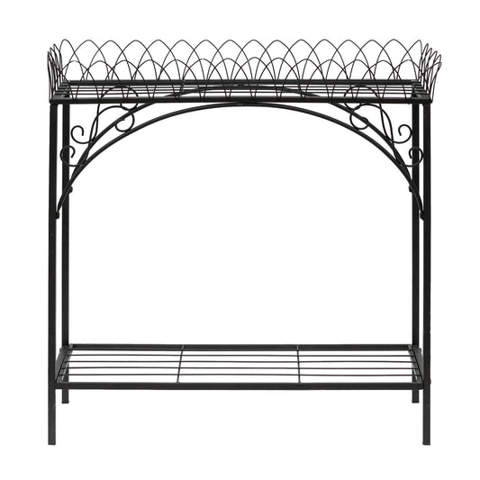 Black Long Double-Layer Plant Shelf, French Courtyard Style Metal Stand for Tall Potted Plants, Sturdy Indoor Outdoor Planter Holder Garden Decor