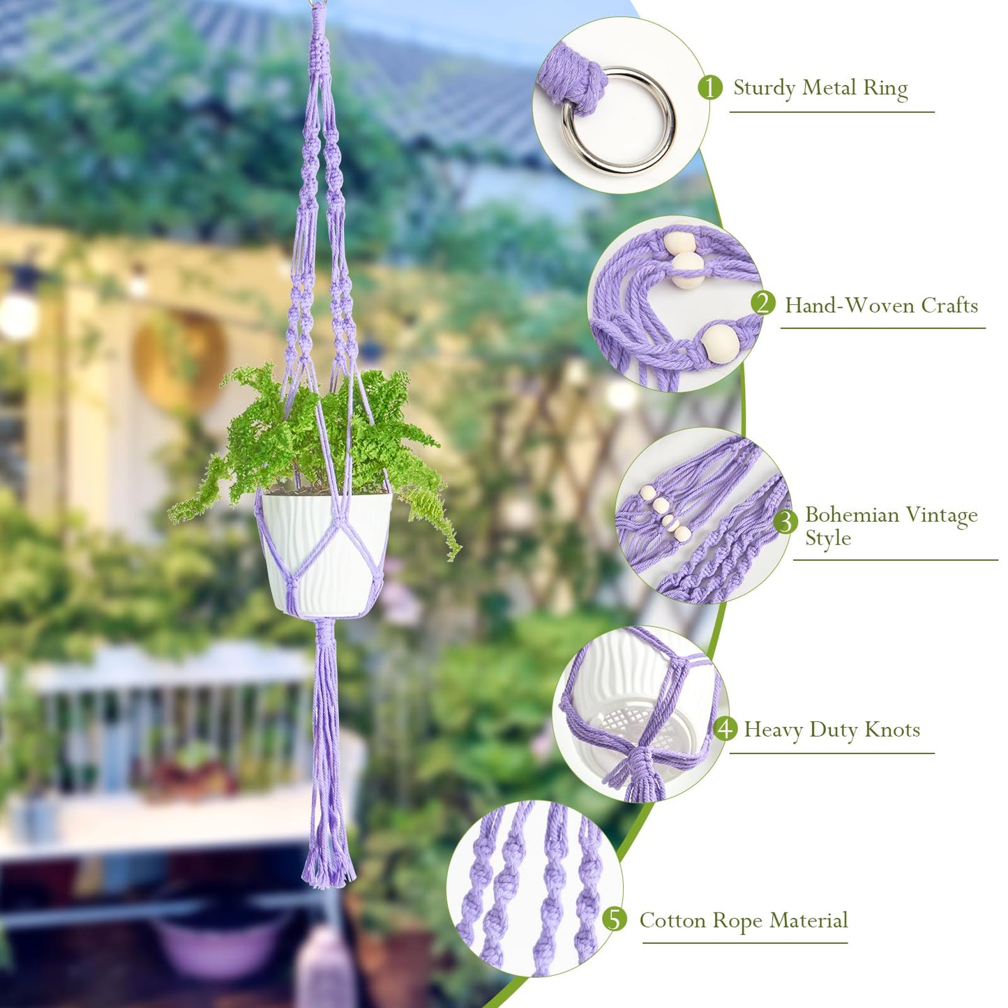 XXXFLOWER 3 Pack Macrame Plant Hanger Indoor Set with Hooks Handmade Woven Cotton Rope Flower Pot Crochet Plant Holder Stand Boho Plant Decor Hanging Planter Baskets Set of 3 with Beads Purple
