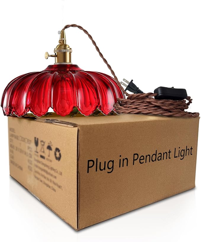 Plug in Pendant Light: Hanging Light Plug in Red Glass Hanging Lamp, Pendant Lighting for Kitchen Island, Bedroom, Dining Room, Living Room, E26 No Bulb