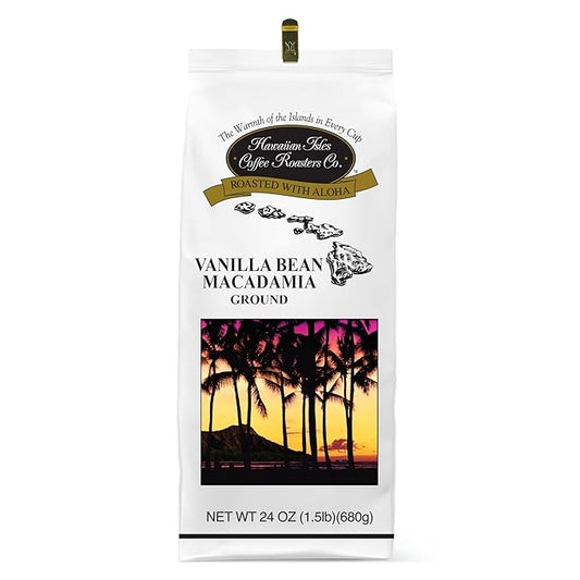 Hawaiian Isles Coffee Vanilla Bean Macadamia Flavored, Light Roast Ground Coffee, Roasted with Aloha - 24 Ounce Bag
