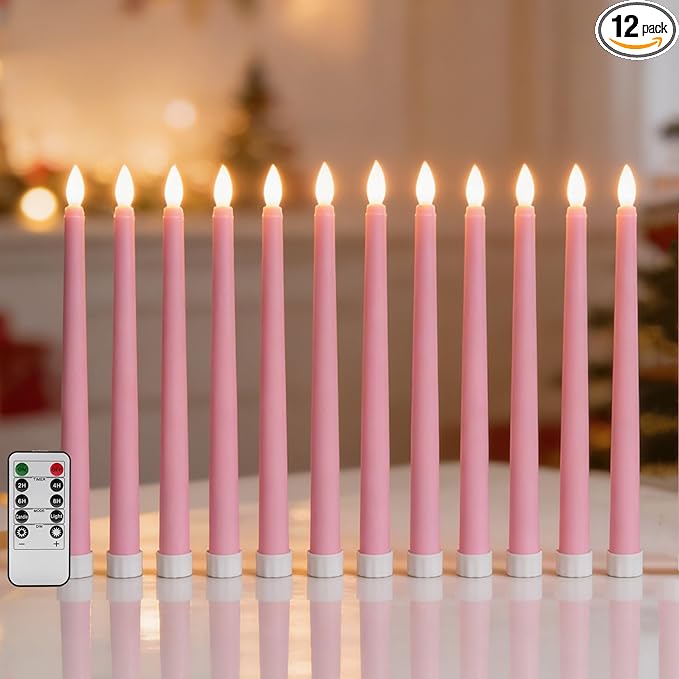 Pink Flameless Taper Candles with Remote, Battery Powered Christmas LED Candlesticks Set of 12
