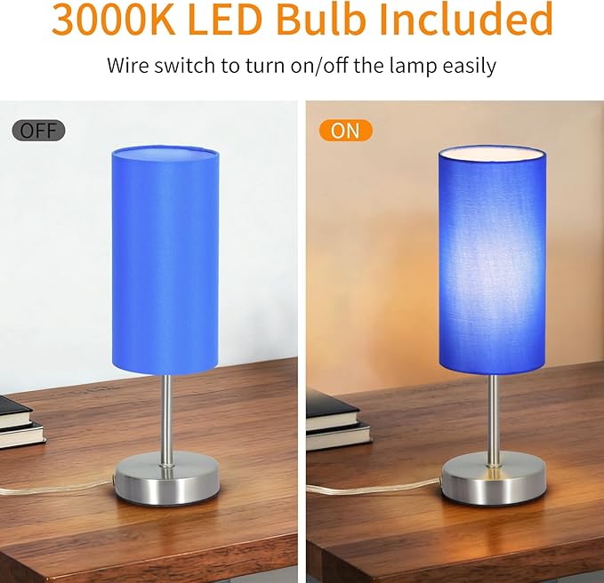 2 Pack Small Table Lamps for Bedroom, Bedside Lamps for Nightstand with Wire Switch, Minimalist Modern Desk Lamps with Linen Fabric Shade for Kids Room Living Room Office Dorm, Bulb Included