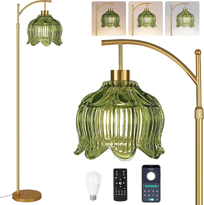 Green Floor Lamp for Living Room,Bedroom,Gold Dimmable Standing Lamp with Remote,Mid Century Modern Brass Tall Lamp Boho Floor Lamps Arc Vintage Glass Flower Floor Light Lamp Girls Bohemian