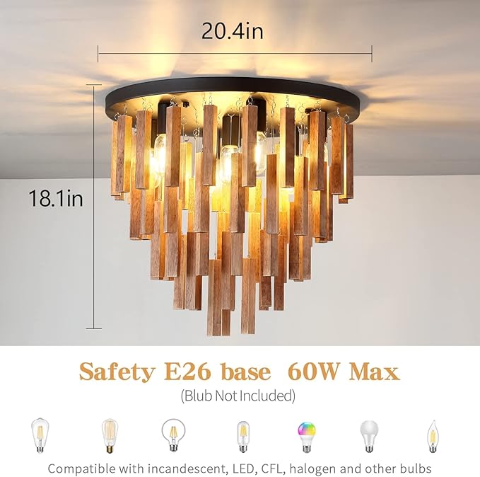 7-Light Flush Mount Wooden Ceiling Light - Rustic Oak and Black Ceiling Lamp with E26 for Farmhouse Kitchen, Dining Room, Living Room, Bedroom, Foyer, Hallway