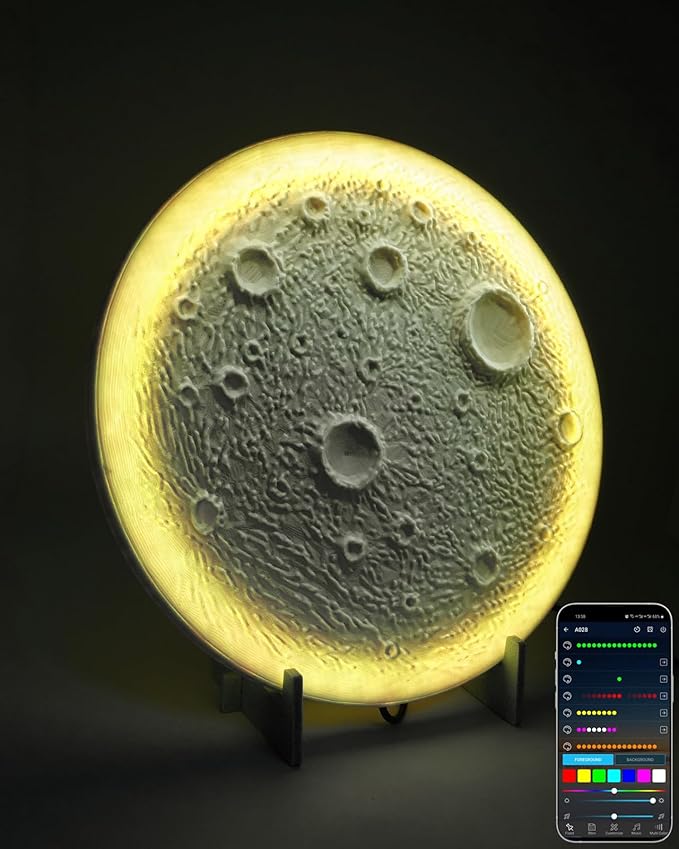 3D Moon Lamp – 3D Printed PLA Floating Moon, APP & Manual Control, RGB Music-Sync, Desktop & Wall-Mountable Night Light for Home, Kids, Party (Moon 8.6lnches)