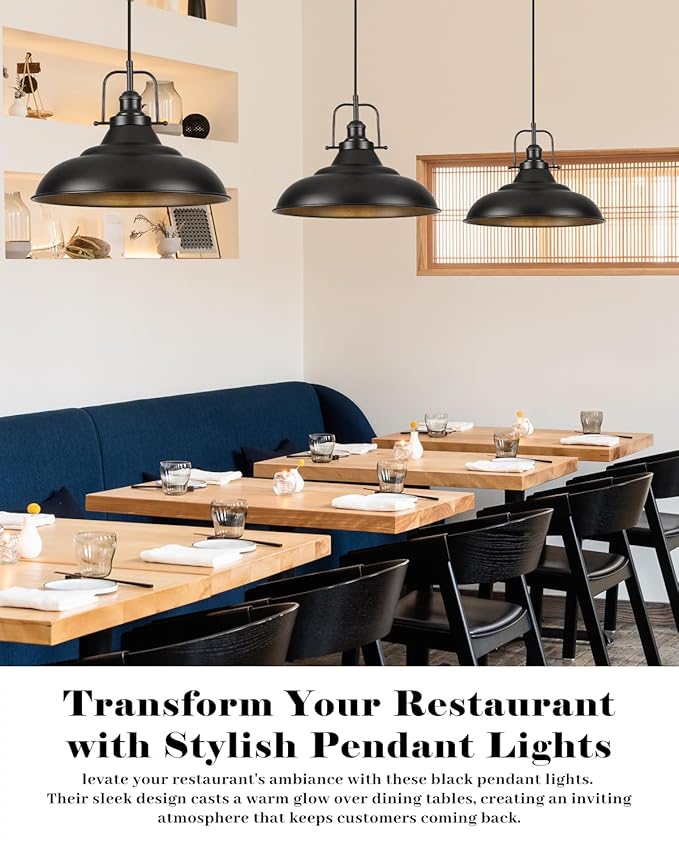 Black Pendant Light Kitchen Island,16 Inch Large Industrial Pendant Lights, Matte Black Pendant Lights, Vintage Farmhouse Pendant Light for Kitchen Island, Dining Room, Hallway (3 Packs)