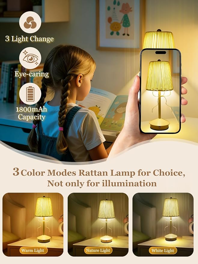 Boho Bow Rattan Table Lamp, Cordless Wicker Woven Vintage Table Lamp - LED Rechargeable Touch Control 3 Color Dimmable Reading Bedside Lamp for Bedroom Living Room Office, Home Outdoor Decor